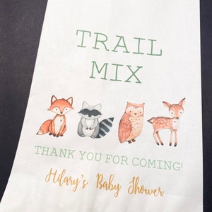 Trail Mix Woodland Baby Shower Green Gold Adventure Wild One Trail Mix Personalized Favor Bags Treat Bags, Set of 10