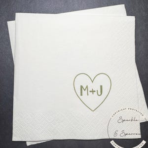 Heart Initials Wedding Napkin Bridal Shower Sage Bridal Shower Green Wedding Personalized Cocktail, Luncheon or Dinner Napkins Set of 25
