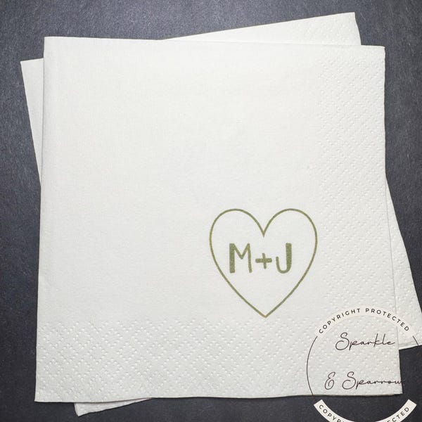 Heart Initials Wedding Napkin Bridal Shower Sage Bridal Shower Green Wedding Personalized Cocktail, Luncheon or Dinner Napkins Set of 25