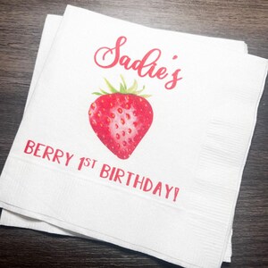 Strawberry Birthday Berry First Birthday Summer Birthday Party Girl Personalized Cocktail, Luncheon or Dinner Napkins Set of 25