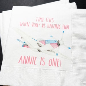 Time Flies Airplane Girls 1st Birthday Personalized Cocktail Napkins, Set of 25