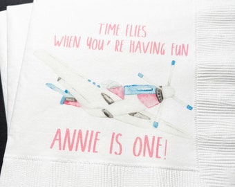 Time Flies Airplane Girls 1st Birthday Personalized Cocktail Napkins, Set of 25