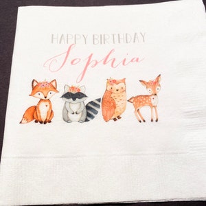 Woodland Animal Birthday Rustic Party Pink Gray Personalized Fall Cocktail, Luncheon or Dinner Napkins Set of 25
