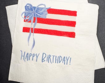 Patriotic Birthday 4th of July Birthday Red White Blue American Flag Birthday Blue Bow Memorial Cocktail, Lunch or Dinner Napkins, Set of 25