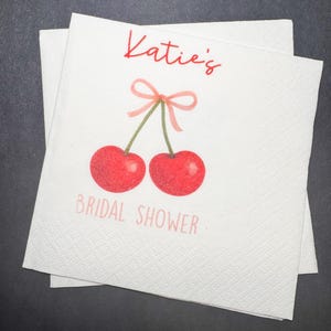 Cherry on Top Pink Bow Bridal Shower Pink Bow Red Cherry Bridal Shower Coquette Personalized Cocktail, Luncheon or Dinner Napkins Set of 25
