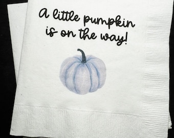 A Little Pumpkin Is On The Way Boy Blue Pumpkin Fall Baby Shower Blue Pumpkin Cocktail, Luncheon or Dinner Napkins Set of 25