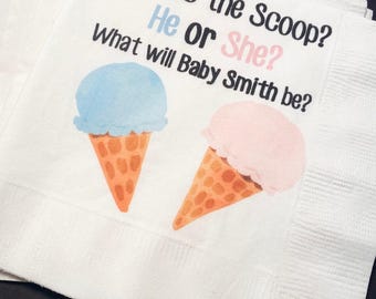 What’s the Scoop Gender Reveal Ice Cream Baby Reveal Pink Blue Ice Cream Personalized Cocktail, Luncheon or Dinner Napkins Set of 25