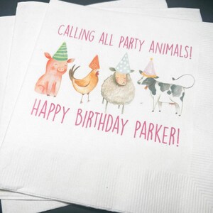 Party Animals Animal Parade Safari Jungle Birthday Party Personalized Cocktail, Luncheon or Dinner Napkins Set of 25