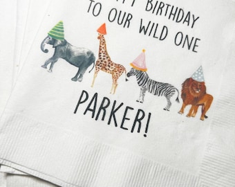Party Animals Wild One Animal Parade Safari Jungle Birthday Party Personalized Cocktail, Luncheon or Dinner Napkins Set of 25