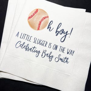 Baseball Oh Boy Baby Shower Little Slugger on the Way Personalized Cocktail or Luncheon Napkins, Set of 25