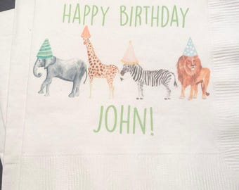 Party Animals Animal Parade Safari Jungle Birthday Party Personalized Cocktail, Luncheon or Dinner Napkins Set of 25
