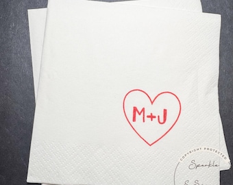 Heart Initials Wedding Napkin Bridal Shower Red Bridal Shower Red Wedding Personalized Cocktail, Luncheon or Dinner Napkins Set of 25