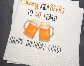 Cheers and Beers to 40 Years 40th Birthday Cheers Alcohol theme bday Gold Black Beer birthday Cocktail, Luncheon or Dinner Napkins Set of 25