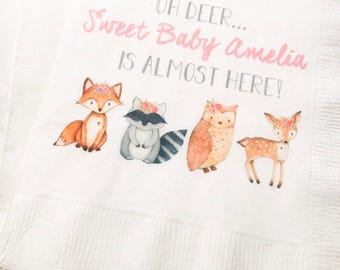 Woodland Animal Oh Deer Fox Owl Girl Baby  Shower Floral Crown Personalized Fall Cocktail, Luncheon or Dinner Napkins Set of 25