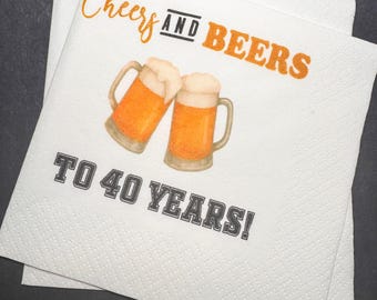 Cheers and Beers to 40 Years 40th Birthday Cheers Alcohol theme bday Gold Black Beer birthday Cocktail, Luncheon or Dinner Napkins Set of 25