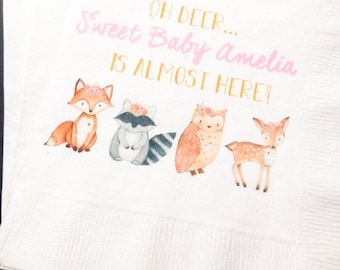 Woodland Animal Oh Deer Fox Owl Girl Baby  Shower Floral Crown Personalized Fall Cocktail, Luncheon or Dinner Napkins Set of 25