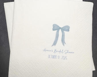 She's Tying the Knot Bridal Shower Blue Bow Bridal Shower Blue Bachelorette Personalized Cocktail, Luncheon or Dinner Napkins Set of 25