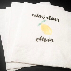 Lemon Bridal Shower Spring Summer Wedding Personalized Cocktail, Luncheon or Dinner Napkins Set of 25