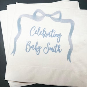 Blue Bow Baby Shower It’s a Boy Blue Boy Baby Shower Personalized Cocktail, Luncheon or Dinner Napkins Set of 25