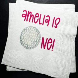 Golf Pink 1st Birthday Party Hole in One Let’s ParTEE Golf theme Girls golf birthday Personalized Cocktail or Luncheon Napkins, Set of 25