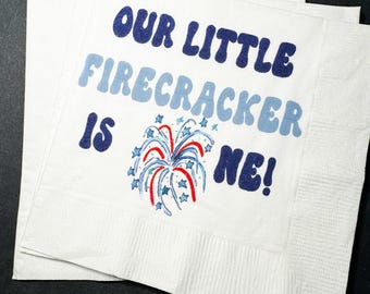 Our Little Firecracker Turning One 1st Birthday 4th of July Birthday Independence Day Patriotic Party Napkins, Set of 25