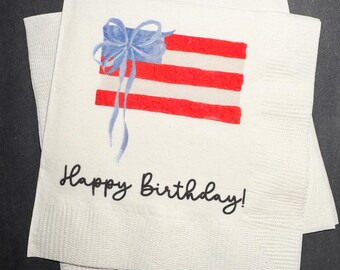 Patriotic Birthday 4th of July Birthday Red White Blue American Flag Birthday Blue Bow Memorial Cocktail, Lunch or Dinner Napkins, Set of 25