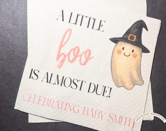Little Boo is Almost Due Halloween Baby Shower Ghost Baby Shower Gender Reveal Little Boo Baby Shower Personalized Napkins, Set of 25