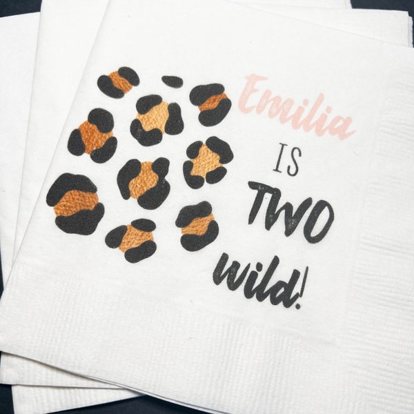 Two Wild Leopard Birthday Wild Child Animal Print Party Personalized Cocktail, Luncheon or Dinner Napkins Set of 25