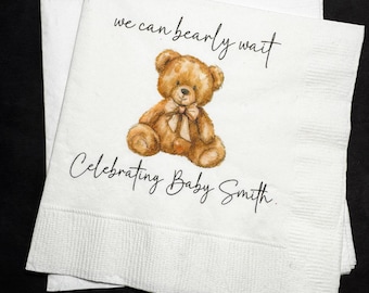 Teddy Bear Baby Shower We can Bearly Wait Brown Bow Shower Fall Baby Shower Personalized Cocktail, Luncheon or Dinner Napkins Set of 25