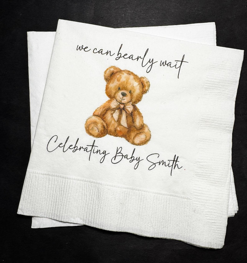 Teddy Bear Baby Shower We can Bearly Wait Brown Bow Shower Fall Baby Shower Personalized Cocktail, Luncheon or Dinner Napkins Set of 25 image 1