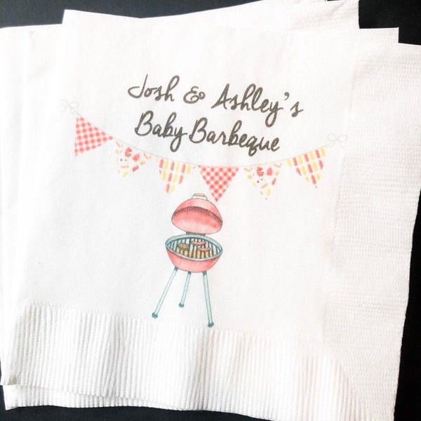 Baby-Q Baby Barbecue Baby Shower Gender Reveal Summer Cookout Personalized Cocktail, Luncheon or Dinner Napkins Set of 25