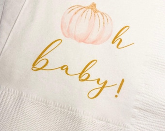 Pumpkin Oh Baby Shower Pumpkin Autumn Baby Pink Gold Fall Pumpkin Girl Baby Shower Cocktail, Luncheon or Dinner Napkins Set of 25