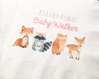 Woodland Animal Oh Deer Fox Owl Girl Baby  Shower Floral Crown Personalized Fall Cocktail, Luncheon or Dinner Napkins Set of 25