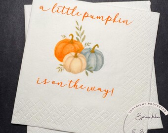A Little Pumpkin is on the Way Baby Shower Oh Baby Blue Pumpkin Boy Baby Shower Gender Reveal Cocktail, Luncheon or Dinner Napkins Set of 25