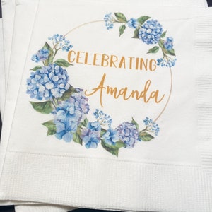 Spring Bridal Shower Spring Hydrangea Floral Summer Wedding Bride to Be Personalized Cocktail, Luncheon or Dinner Napkins Set of 25