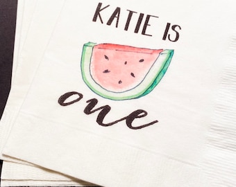 Watermelon One in a Melon First Birthday Summer Birthday Party Girl Melon Party Personalized Cocktail, Luncheon or Dinner Napkins Set of 25