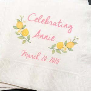 Lemon Bridal Shower Spring Summer Wedding Personalized Cocktail, Luncheon or Dinner Napkins Set of 25