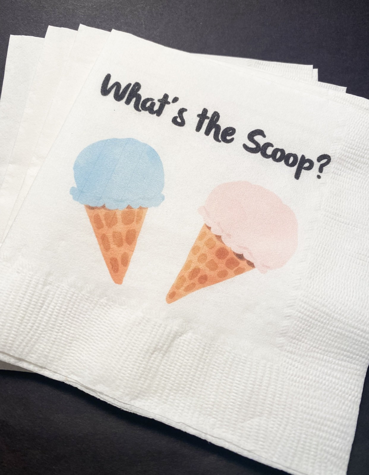 Whats the Scoop Gender Reveal Ice Cream Baby Reveal Pink Blue Ice Cream Cocktail Luncheon or Dinner Napkins Set of 25