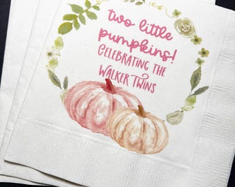 Two Little Pumpkins Are On The Way Twins Fall Baby Shower Twin Girl Baby Shower Personalized Cocktail, Luncheon or Dinner Napkins Set of 25
