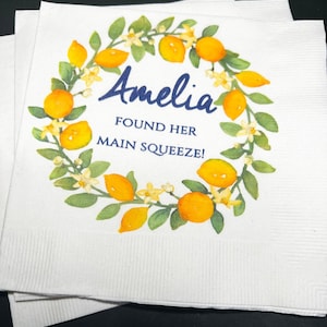 Lemon Bridal Shower Main Squeeze Spring Summer Wedding Blue Yellow Personalized Cocktail, Luncheon or Dinner Napkins Set of 25