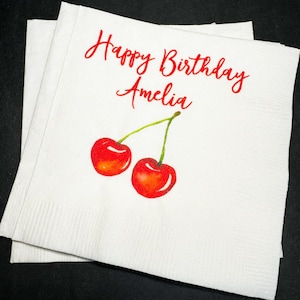 Cherry Birthday Cherry First Birthday Summer Birthday Cherry on Top Personalized Cocktail, Luncheon or Dinner Napkins Set of 25
