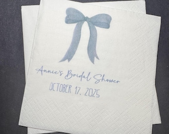 She's Tying the Knot Bridal Shower Blue Bow Bridal Shower Blue Bachelorette Personalized Cocktail, Luncheon or Dinner Napkins Set of 25