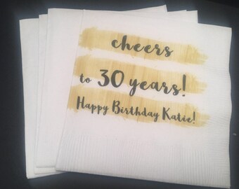 Cheers to 30 Years 30th Birthday Personalized Gold Black Cocktail, Luncheon or Dinner Napkins Set of 25