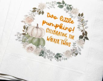 Two Little Pumpkins Are On The Way Twins Fall Baby Shower Twin Gender Reveal Personalized Cocktail, Luncheon or Dinner Napkins Set of 25