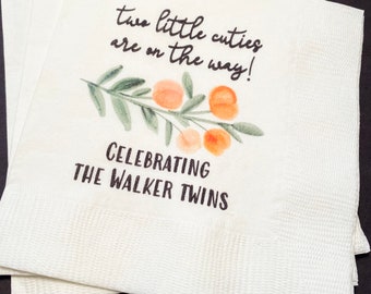 Two Little Cuties Clementine Cutie Twins Baby Shower Little Cutie On the Way Baby Shower  Personalized Cocktail Napkins, Set of 25