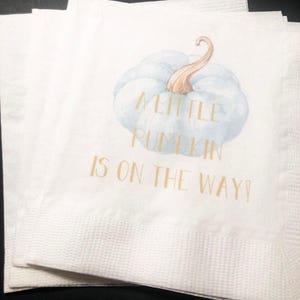 A Little Pumpkin Is On It&#39;s Way Boy Fall Baby Shower Blue Pumpkin Gold Cocktail, Luncheon or Dinner Napkins Set of 25