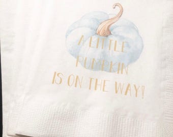 A Little Pumpkin Is On It's Way Boy Fall Baby Shower Blue Pumpkin Gold Cocktail, Luncheon or Dinner Napkins Set of 25