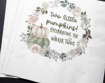 Two Little Pumpkins Are On The Way Twins Fall Baby Shower Twin Gender Reveal Personalized Cocktail, Luncheon or Dinner Napkins Set of 25