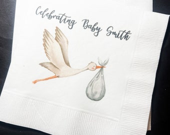 Stork Baby Shower Special Delivery Boy Baby Shower Watercolor Stork Personalized Cocktail Napkins, Set of 25