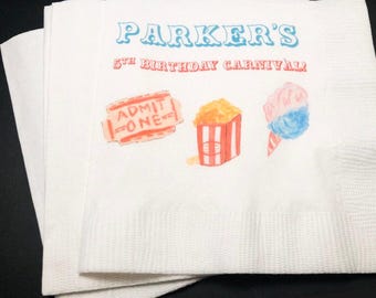 Carnival Birthday 1st Birthday Carnival Party Come One Come All Greatest Event Personalized Cocktail, Luncheon or Dinner Napkins Set of 25